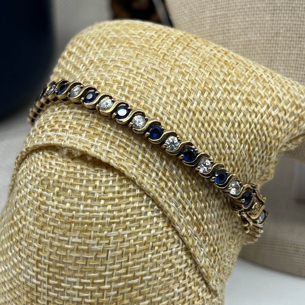 Vintage Estate Gold Over Sterling Silver Tennis Bracelet Sapphire Clear CZ 7.25" - Picture 3 of 16